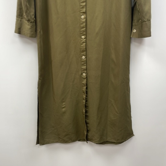 Halston Button Down Long Sleeve Split V-Neck Shirt Midi Dress Green XS - Picture 3 of 7